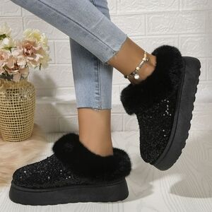 Elegant Black Sequin Fur Women's Winter Boots